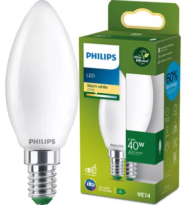 Zdjęcie produktu dla Philips Matowa żarówka Filament w kształcie świeczki 40 W B35 E14, 2,3 W, 40 W, E14, 485 lm, 50000 h