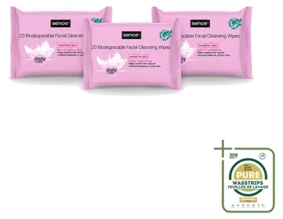 Image de 3 paquets de lingettes nettoyantes pour le visage Sence, pour peaux sensibles - 20 lingettes par paquet - Pack économique - 3 pièces