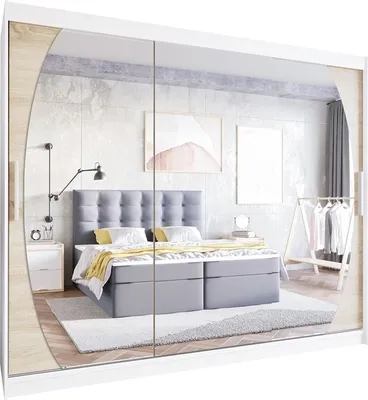 Produktbild von Easy4You L5 250 cm Weiß/Sonoma Schiebetüren Kleiderschrank 250x215x58 cm mit Spiegel - Schlafzimmermöbel, Aufbewahrung - Mehrzweckschrank