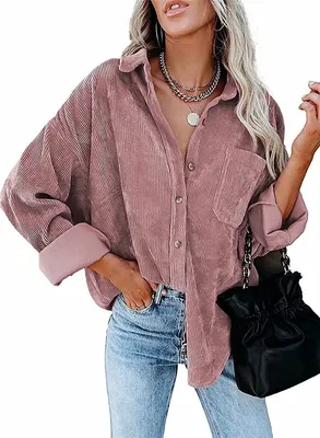 Produktbild von ASKSA Damen Bluse Reverskragen Langarm Cord Herbst Hemdjacke Knöpfen Cardigan Oberteil, Rosa, M
