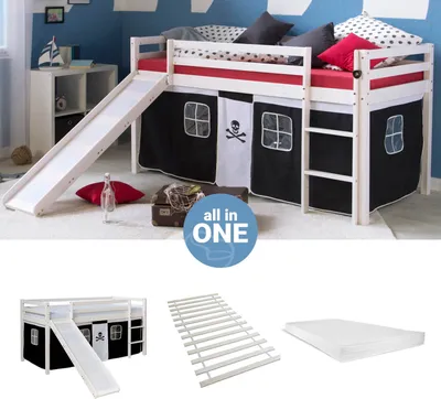Produktbild von Homestyle4u Hochbett 90x200 mit Matratze Rutsche Vorhang schwarz Pirat Kinderbett Weiß Holz Kiefer Massiv Lattenrost