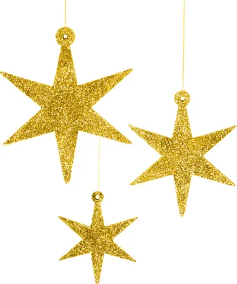 Produktbild von Oblique Unique 3 Holz Sterne mit Glitzereffekt Schnur Weihnachtsdeko Weihnachtsbaum Anhänger Weihnachten gold
