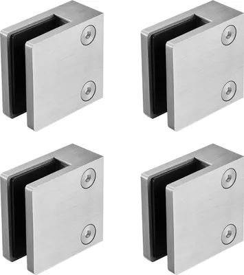 Four stainless steel glass clamps are arranged in a grid on a white background.
