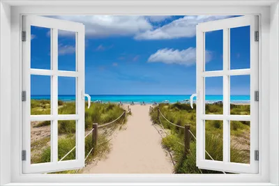 Produktbild von Wallario Poster mit Fenster-Illusion: Sandweg zum blauen Meer mit blauem Himmel, Größe: 61 x 91,5 cm (Maxiposter)