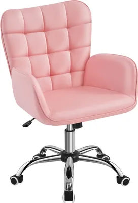 A pink office chair with a chrome base and wheels, shown against a white background.