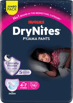 Obrázok produktu pre Huggies DryNites plienky pre dievčatá 4-7 rokov 17-30 kg jumbo mesačné balenie 64 ks.