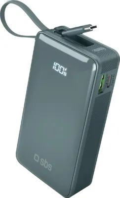 Produktbild von SBS 10000 mAh 20W Powerbank mit integriertem USB-C-Kabel und Digitalanzeige - Grau