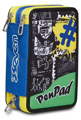 Image de Trousse Seven, multicolore, trousse pour fournitures scolaires, trousse contenant des stylos, des stylos à bille et plus encore, 3 compartiments, filles et garçons, école primaire, XXL, jaune/bleu