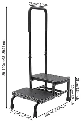 Zdjęcie produktu dla Składany podest z drabiną - drabiną dwustopniową - regulowaną poręczą o wysokości 89–100 cm - wytrzymałość do 135 kg - stal węglowa - kolor czarny