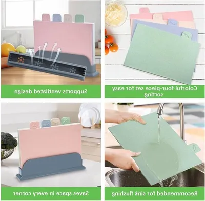 Schneidebrettset mit Ständer, 4 Farben, Kunststoffschneidebretter mit Lebensmitteletiketten, hygienisch und langlebig für