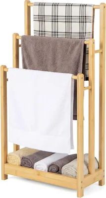 Immagine prodotto di Portasciugamani COSTWAY, porta asciugamani in legno con 3 barre per asciugamani e ripiano inferiore, dotato di sistema antiscivolo, asciugatore marrone per bagno, hotel, stile naturale