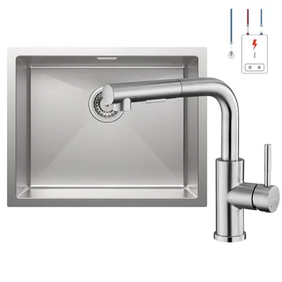 Produktbild von Spülbecken Edelstahl, Spüle Küche 1 becken 55x44cm + Ausziehbare Niederdruck Küchenarmatur, für ab 60er Unterschrank - Gebürstet