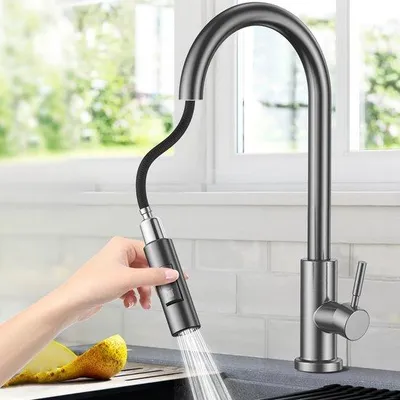 Obrázok produktu pre Uniqoos® kuchynská batéria s výsuvnou sprchou, otočná o 360°, 2 režimy prúdu, vysoký výtok, kartáčovaný nikl (sivá farba), nerezová oceľ bez obsahu olova, výsuvnosť 60 cm