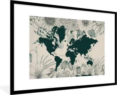 Produktbild von MuchoWow® MuchoWow® Gerahmtes Poster Weltkarte - Blumen - Pflanzen 90x60 cm - Poster mit zchwarzem Bilderrahmen - Wanddekoration - Fotos