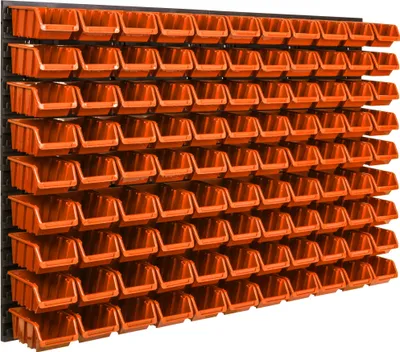 Zdjęcie produktu dla Panel narzędziowy naścienny 115 x 78 cm z 99 szt. Wiszące pudełko plastikowe pomarańczowe