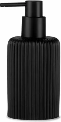 A black soap dispenser with a ribbed texture.