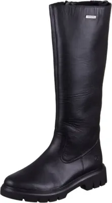 A black leather boot on a white background.