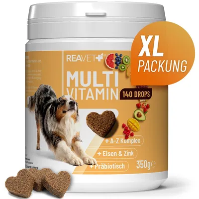 Produktbild von REAVET Multivitamin Drops für Hunde 350g (140 Stück) – mit 12 Vitaminen & 4 Spu-renelementen – Ergänzungs-Snack zur Unterstützung von Vitalität, Immunsys-tem & Energiestoffwechsel – getreidefrei