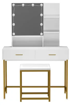 Produktbild von HOME DELUXE - Schminktisch KASIA - Farbe: Weiß, Gestell: Gold - 145 x 100 x 40 cm, 10 LED´s wählbar zwischen 3 Lichtfarben, steuerbar über Touchbutton I Kosmetiktisch Make UP Tisch