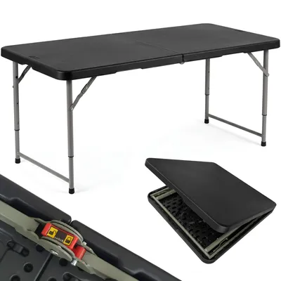 Produktbild von PeakFold® Klapptisch Campingtisch Wetterfest Garten 122cm Höhenverstellbar Klappbar Gartentisch Buffettisch Tragbar Faltbar Schwarz Tragegriff Haken