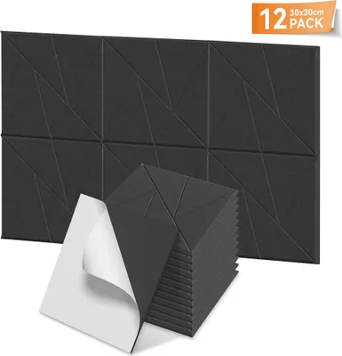 Obrázek produktu pro QEENTOE Akustické panely, sada 12 kusů, rozměry 30x30x0,9 cm, samolepicí filcové nástěnné panely ve tvaru V, vhodné do kanceláří, studií a interiérů, barva černá
