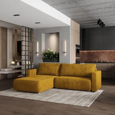 Zdjęcie produktu dla Masseno Narożnik TURIN P z funkcją spania i pojemnikiem na pościel Kształt L, Rozkładana sofa, Rogówka - Żółty, POSO 01