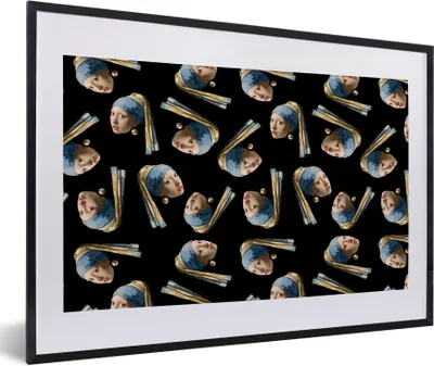Produktbild von MuchoWow® Gerahmtes Poster Mädchen mit Perlenohrring - Muster - Vermeer 60x40 cm - Poster mit Schwarzem Bilderrahmen Wandposter Rahmen Foto Bilder - Schlafzimmer - Plakat in Rahmen - Drucken