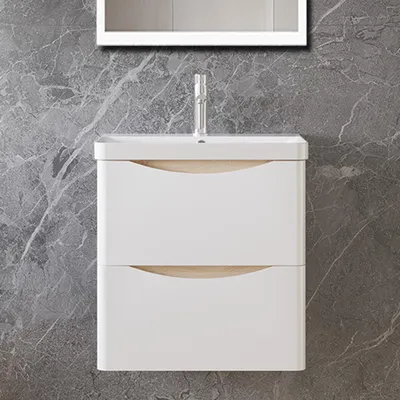 Produktbild von Badezimmerschrank 50cm Mineralguss Waschtisch mit Unterschrank Eiche+Weiß Matt Badmöbel Set mit Soft-Close