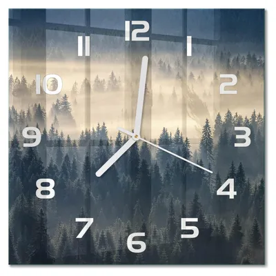 Produktbild von Glas Wanduhr 30x30 cm - Wanduhr - lautlose Wanduhr - ohne Ticken - geräuschloses Uhrwerk - schleichende Zeiger - moderne Uhr - Design Uhr - Wohnzimmer Uhr - Nebel über dem Wald