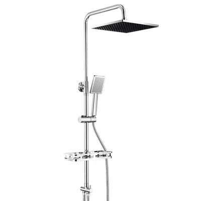 Produktbild von Auralum Regenduschen-Set mit Duschablage, 10-Zoll-Duschkopf, Handbrause mit 4 Funktionen Messing-Umsteller, Chrom