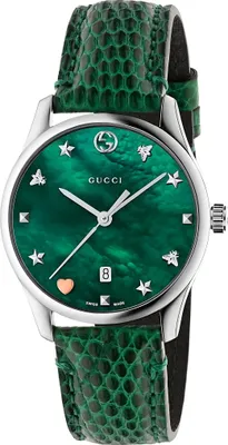 Obrázek produktu pro Hodinky Gucci G Timeless pro dámy, nerezová ocel, stříbrná barva, zelený kožený řemínek