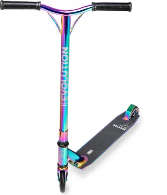 A stunt scooter with a rainbow-colored frame and black grips, shown against a white background.