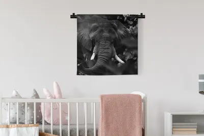 Produktbild von MuchoWow® Wandteppich Wandbehang Tiere - Elefant - Schmetterlinge - Schwarz - Weiß 60x60 cm Tapisserie Dekoration Wandtuch - Dekorationen - Wand Decke