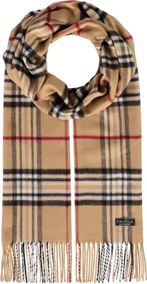 A plaid scarf is laid out flat against a white background.