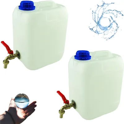Produktbild von Wasserkanister 5l aus Kunststoff Weiß Set 2 Stück, Wasserbehälter mit Hahn Campingkanister Trinkwasserkanister für Haus Garten Auto Camping, Griff