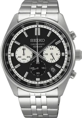 A close-up studio shot of a Seiko chronograph watch.