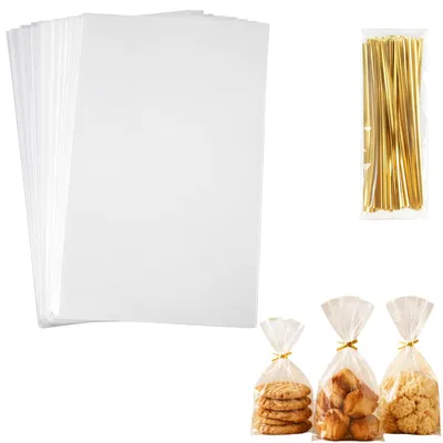 100 transparente OPP-Flachbeutel mit goldenen Bändern