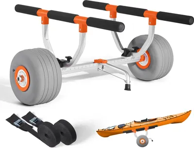 A kayak cart with large wheels and straps, and a kayak on a smaller cart.