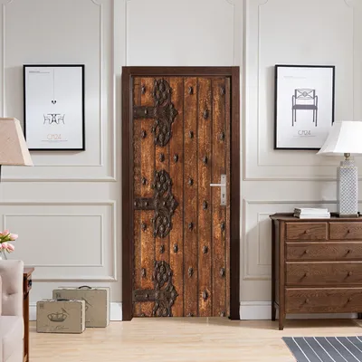 Produktbild von Türtapete AstraDesign 88×200 cm „Robuste Holz Tür dunkelbraun“ – selbstklebende PVC-Folie, zweiteilig, Türfolie, Wanddeko, leicht anpassbar & entfernbar