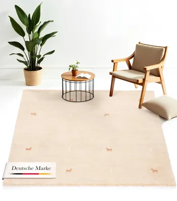 Produktbild von Wollteppich Gabbeh Uni Quadratisch Beige 120x120 cm | Moderner Teppich für Wohn- und Schlafzimmer