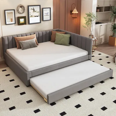Produktbild von Polsterbett 140*200, ausziehbares Schlafsofa, Multifunktionsbett mit Lattenrost, Jugendbett, Kinderbett, Gästebett, Samtstoff, Grau