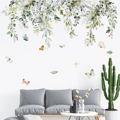Produktbild von Set mit 2 Wandaufklebern mit grünen Pflanzen- und Blattmotiven, zum Abziehen und Aufkleben, zum Selbstaufhängen, mit Blumen, Schmetterlingen und Ranken.