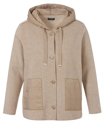 Produktbild von Beige Damen Langjacke Kapuzenjacke mit Knopfverschluss und aufgesetzten Taschen