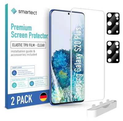 Product packaging and screen protector for a Samsung Galaxy S20 Plus.