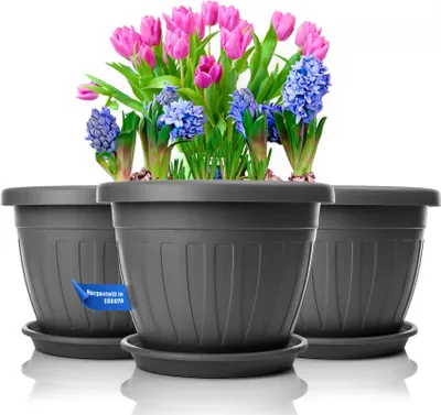 Produktbild von BigDean 3x Blumentopf mit Untersetzer rund ø33xH25 cm anthrazit - wetterfester Pflanzkübel - Wasserablauf UV-beständig aus bruchsicherem Kunststoff