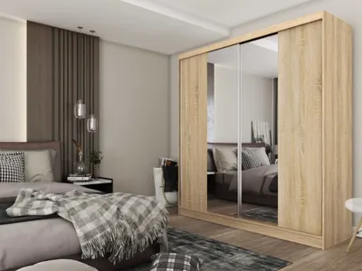 Produktbild von AGMAT Schwebetürenschrank  Lyon, Kleiderschrank mit 2 Türen, Moderne Garderobe in Farbe: Sonoma, Schrank in Größe: 200 x 216 x 61 cm