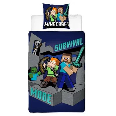 A Minecraft-themed duvet cover and pillowcase set with characters and game elements.