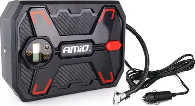 A black and red car air compressor with a digital display and a power cord with a car adapter.