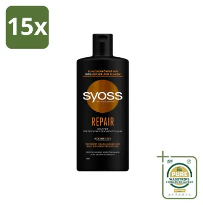 Immagine prodotto di 15 flaconi di shampoo Syoss Repair, per capelli danneggiati e fragili, da 440 ml ciascuno. Confezione da 15 pezzi