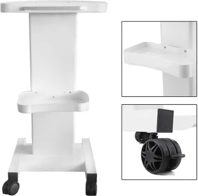 A white salon trolley cart with wheels and trays.